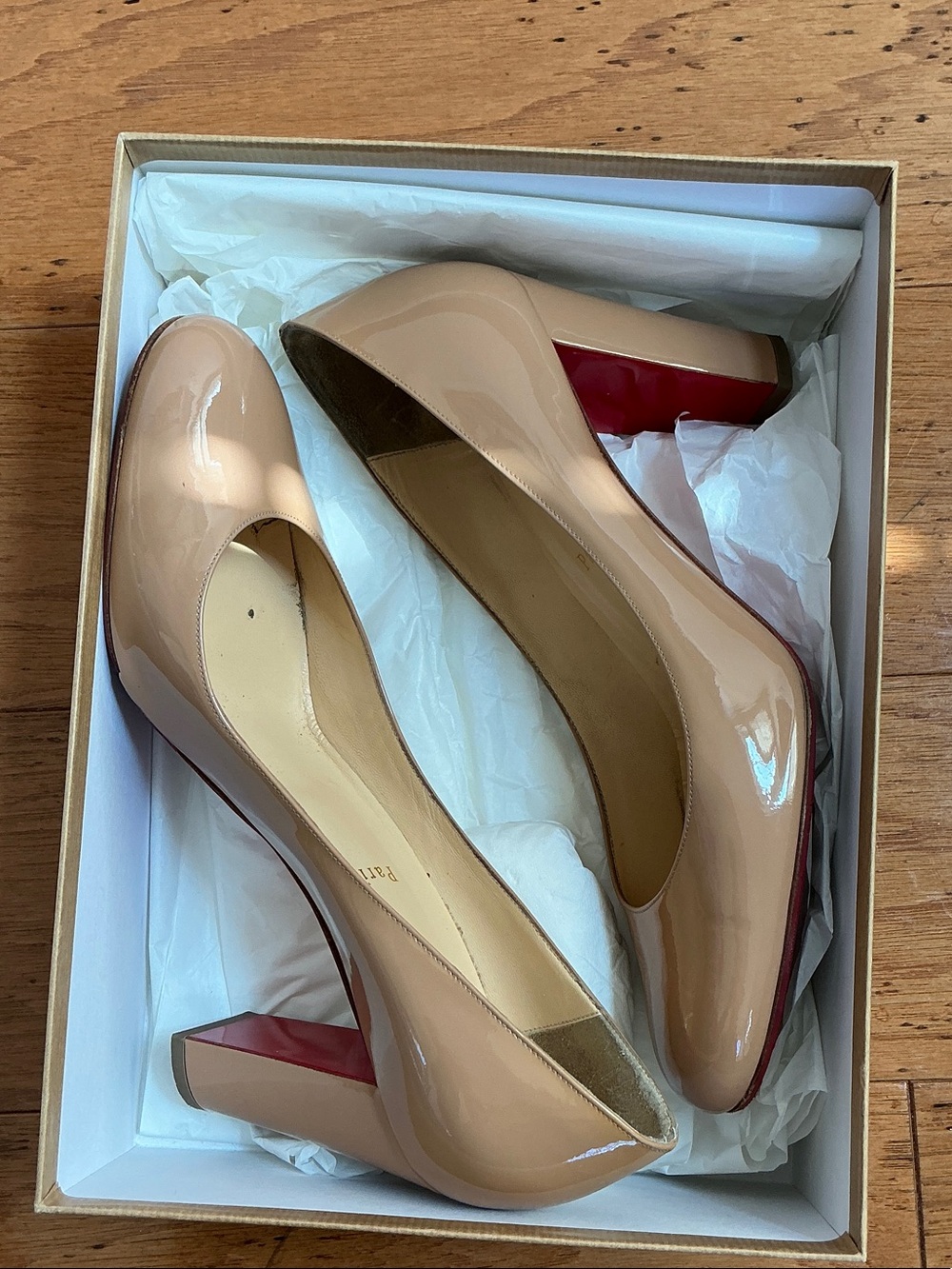 Christian Louboutin Nude Patent Block Heel Pumps with Red Soles